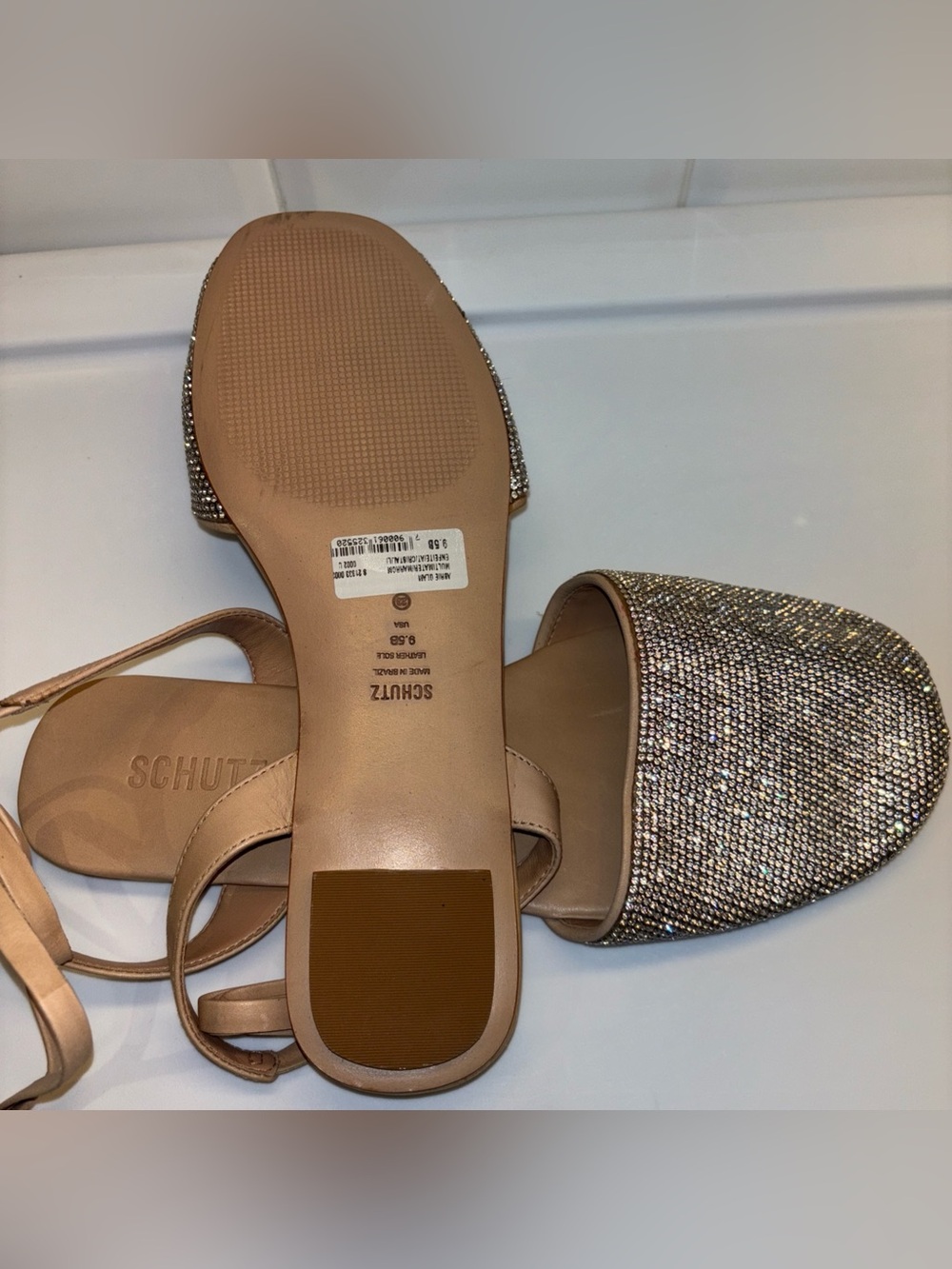 Schutz Abrie Glam Rhinestone Flat Sandals in light beige Size 9.5 New